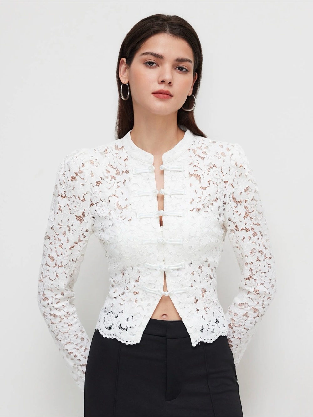 Cider White Lace Stand Guipure Button-Up Long Sleeve Qipao Blouse